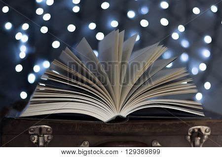 Open book with fairy lights and school port