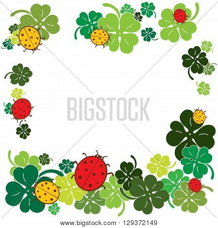 Ladybugs and clover  leaves charm frame. Flat style vector illustration.