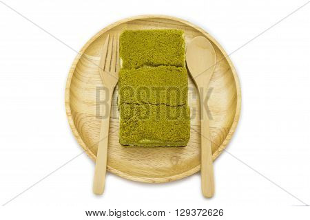 Japanese Matcha green tea cake cheesecake on white background