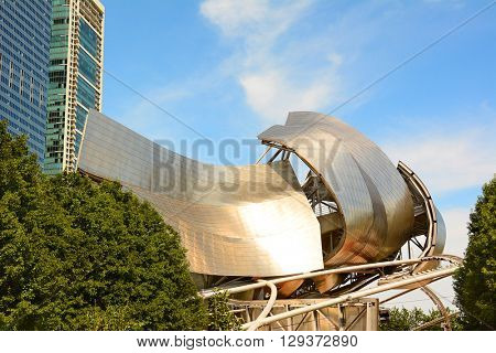 CHICAGO, ILLINOIS - AUGUST 22, 2015: Pritzker Pavilion Bandshell. The site is home to the the Grant Park Symphony Orchestra and Chorus.