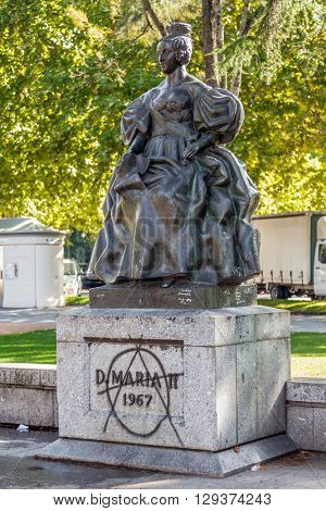 Vila Nova de Famalicao, Portugal.?? September 06, 2015: Queen Dona Maria II statue in Queen Dona Maria II Square. Vila Nova de Famalicao, Braga, Portugal