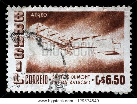 ZAGREB, CROATIA - SEPTEMBER 18: A stamp printed by Brazil shows The 50th Anniversary of the Dumont's First Heavier-than-air Flight, circa 1956, on September 18, 2014, Zagreb, Croatia