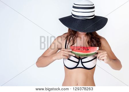 Woman In Bikini With Summer Hat And Watermalon In White Isolated