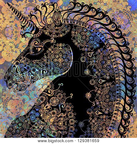 black head unicorn on colored floral background