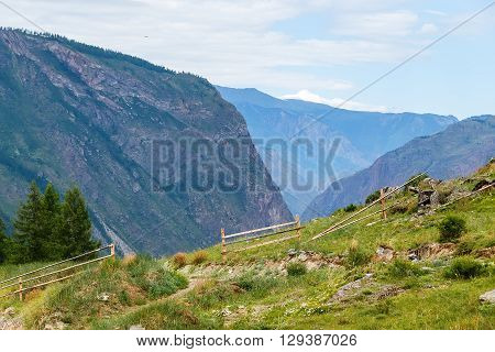 Chulyshman mountain valley from height of Summer Rain River Falls