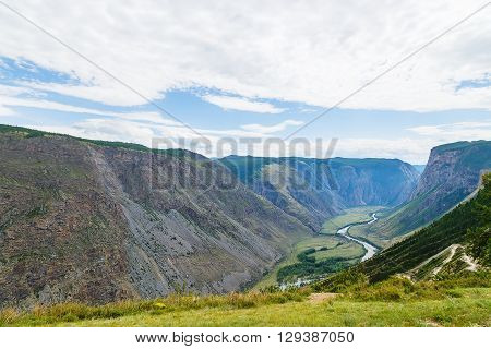 Chulyshman mountain valley from height of Summer Rain River Falls