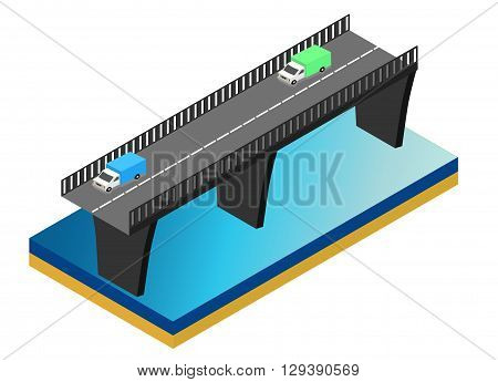 Isometric bridge over the river. Commercial transport. Various types of load and cargo. Logistics. Flat 3d Vector isometric illustration.