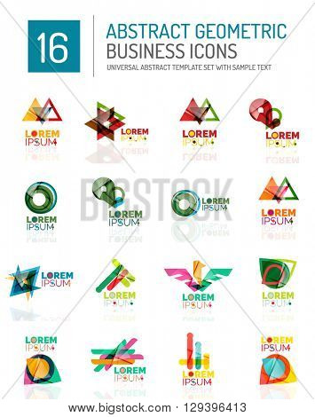 Abstract geometric business logo icon set. Colorful geometrical figure compositions with light effects - triangles circles rings arrows lines