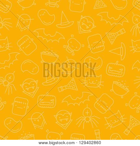 Seamless background with halloween signs and symbols like pumpkin cat spider witch's hat and cauldron ghost skull