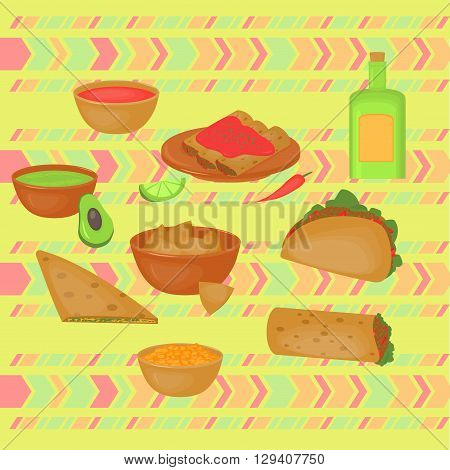 Mexican traditional food set, traditional cusine of Mexico, latino fast food menu takos, burrito, restaurant meal