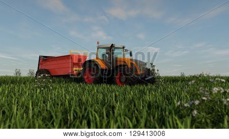 3d illustration of an orange tractor with fertilizer