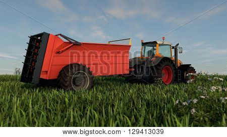 3d illustration of an orange tractor with fertilizer