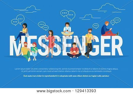 Messenger concept illustration of young various people using mobile gadgets such as tablet pc and smartphone for texting via internet. Flat design of guys and women standing near big letters