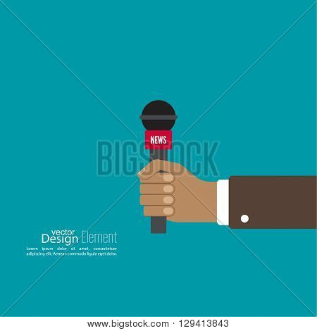 Microphone in hand journalist. Symbol breaking news on TV and radio. Live.