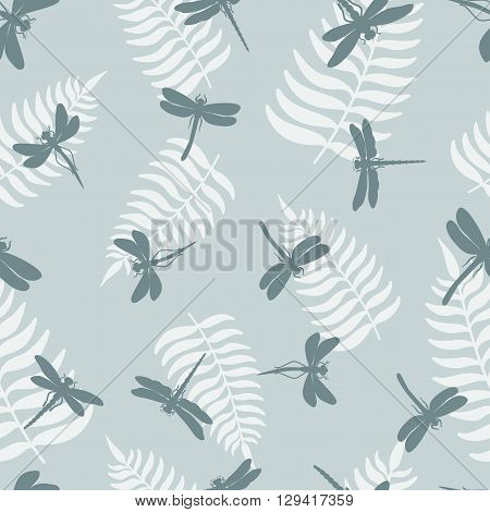 Seamless pattern with dragonflies  and leaf of ferns isolated on background.