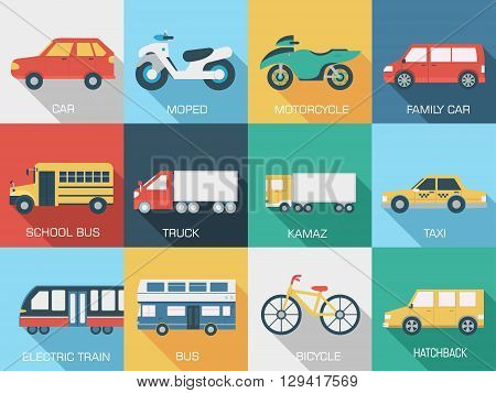 Flat Cars Concept Set Icon Backgrounds Illustration