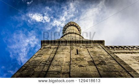 Istanbul, Turkey - February 9, 2013: The minaret of Blue Mosque (Sultanahmet Cami) in Sultanahmet, Istanbul, Turkey