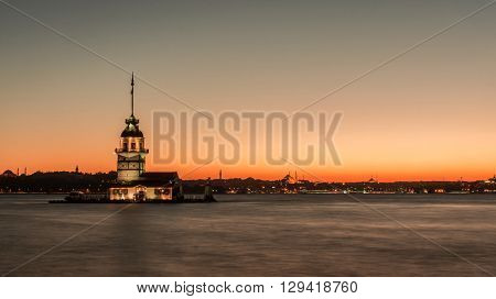 Istanbul, Turkey, September 23, 2012: A view of the Maiden's Tower also known as Leander's Tower as seen from Uskudar in Istanbul. The Maiden's Tower is a tower lying on a small islet located at the southern entrance of the Bosphorus strait 200 m (220 yd)