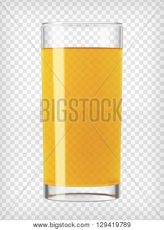 Orange juice glass. Fruit organic drink. Healthy diet. Clean eating. Tall glass with beverage. Transparent  photo realistic vector illustration.