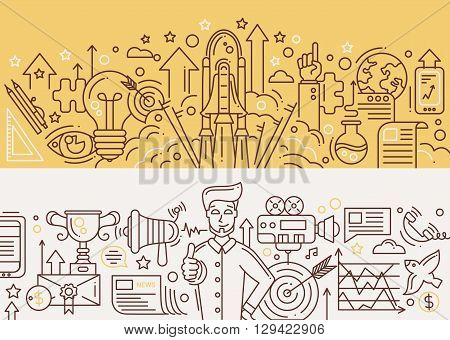 Illustration of vector modern start up, marketing success line flat design composition and infographics elements with a shuttle launch scene, a happy successful man with promotion tools. Header, banner for your website