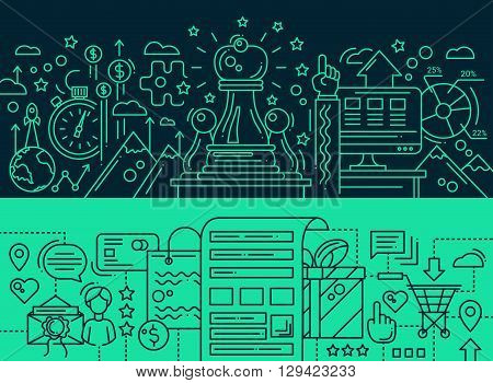 Illustration of vector modern line flat design composition and infographics elements with chess pieces, strategy, shopping wish list