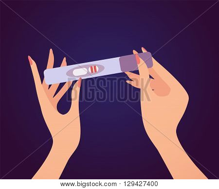 Woman holds a pregnancy test in her hand. Vector illustration