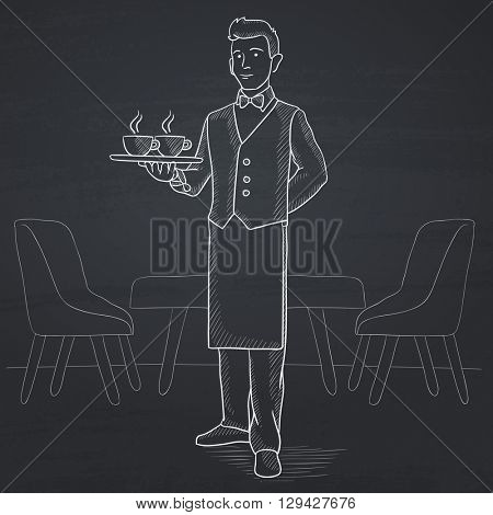 Waiter holding tray with beverages.