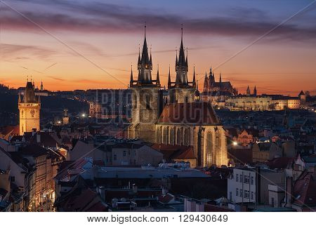 Majestic St. Vitus Cathedral and Church of Our Lady before Tyn Prague Czech republic