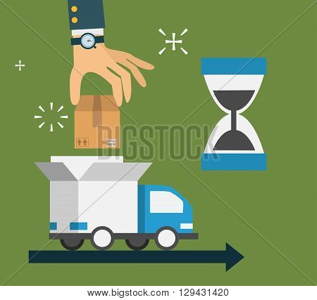 modern creative flat style concept design, delivery service, cardboard boxes, hand puts parcel in the car. Vector illustration EPS10
