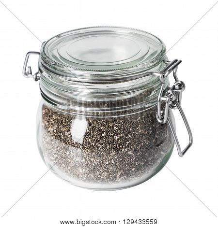 Chia seeds in jar isolated on white background.