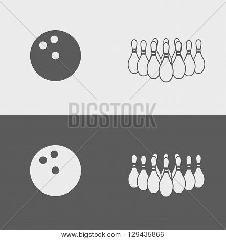 Vector Bowling Pins And Ball Icons Or Signs On Light And Dark Background.