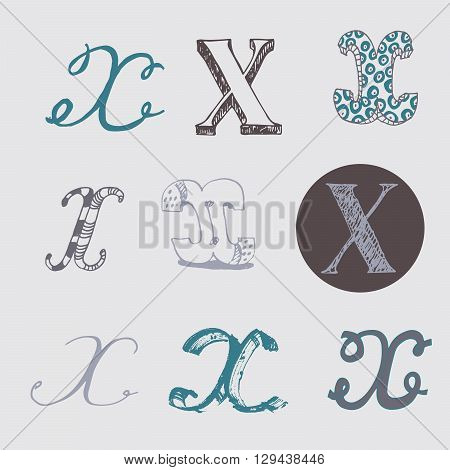 Original letters X set isolated on light gray background. Alphabet symbols editable hand drawn creative in different variations Italic 3d freehand drawn with brush and nib vector Illustration