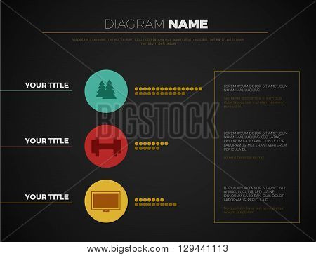 Vector timeline template with colorful glossy tabs. Editable vector slide templates modern dark design