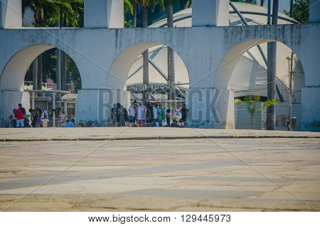 Rio De Janeiro, Brazil - March 06, 2016:  Landmark White Arches Of Arcos Da Lapa In Front Of Circo V