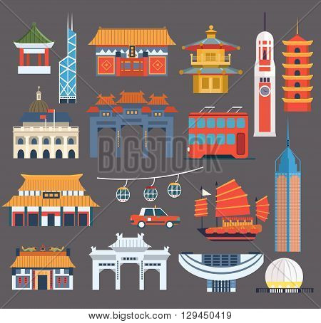 Chinese Symbolic Landmarks Collection In Simplified Flat Vector Colorful Design On Grey Background