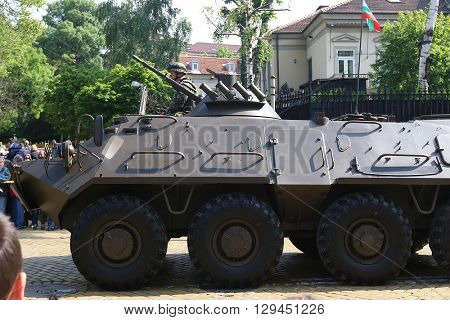 Sofia, Bulgaria - May 06: Day of Valor. Armoured personnel carriers BTR-60 PB MD1 on military hardware parade. On May 06, 2016 in Sofia Bulgaria. 