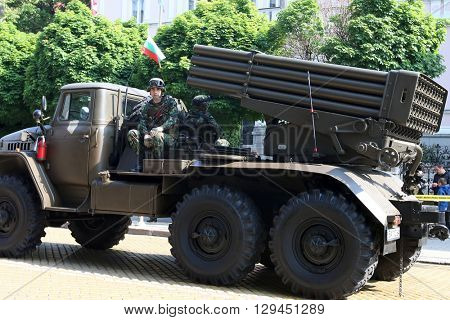 Sofia, Bulgaria - May 06: Day of Valor. Multiple Rocket Launcher System BM-21 Grad on military hardware parade. On May 06, 2016 in Sofia Bulgaria.
