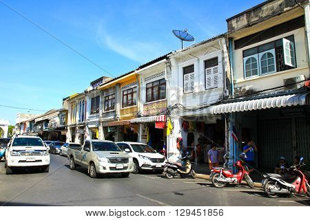 PHUKET THAILAND - May 5: The street scene of China Town in Phuket Thailand on May 5 2016. China town in Phuket Island is one of the oldest Chinese communities in Southeast of Asia.