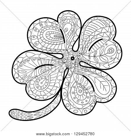 Hand drawn four leaf clover for adult coloring pages in doodle style, ethnic ornamental vector illustration. Adult Coloring Book Fantasy Sheet for Relaxation Therapy.