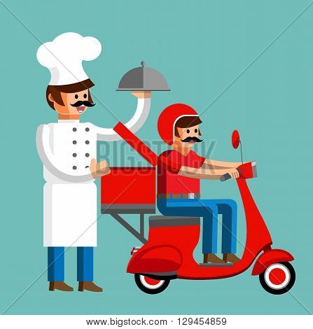 Cook with the driver of the scooter delivery food in flat style