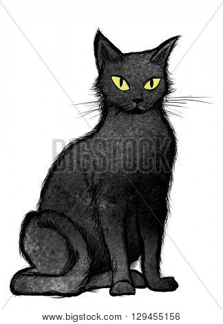 Black Cat sitting and looking at the camera, isolated on white - vector illustration