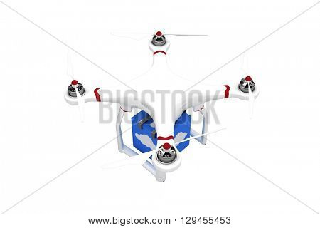 A drone bringing a blue cube on white background