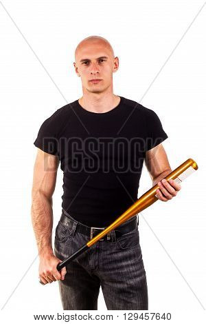 Violence and aggression concept - furious screaming angry man hand holding baseball sport bat in black t-shirt