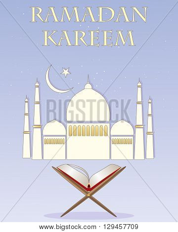 an illustration of an islamic greeting card for a religious festival with stylized mosque and a copy of the koran on a blue starry background