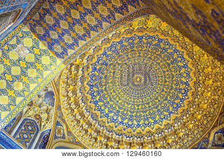 Samarkand Uzbekistan - April 18 2014: The wonderful decorations of the Bibi Khanim mosque inside