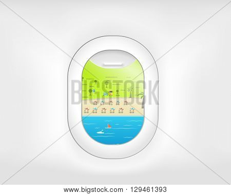 Aircraft window. Summer season vacation illustration. Vacation vector concept
