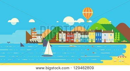 Mediterranean island. Tourist town on the island. Infographics - tourist island Mountain landscape. Ballooning. Ecological holidays. Seaport. Life on the ecological island. 