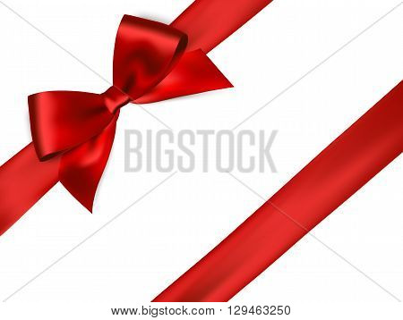 Shiny red satin ribbon on white background. Vector red bow. Red bow and red ribbon