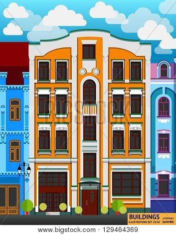 Building in flat style on background sky with clouds