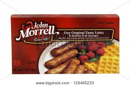 RIVER FALLS, WISCONSIN - MAY 12, 2016: A box of John Morrell brand frozen pork sausage links.